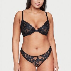 Victoria's Secret black lace and mesh floral embroidered demi bra and thong set